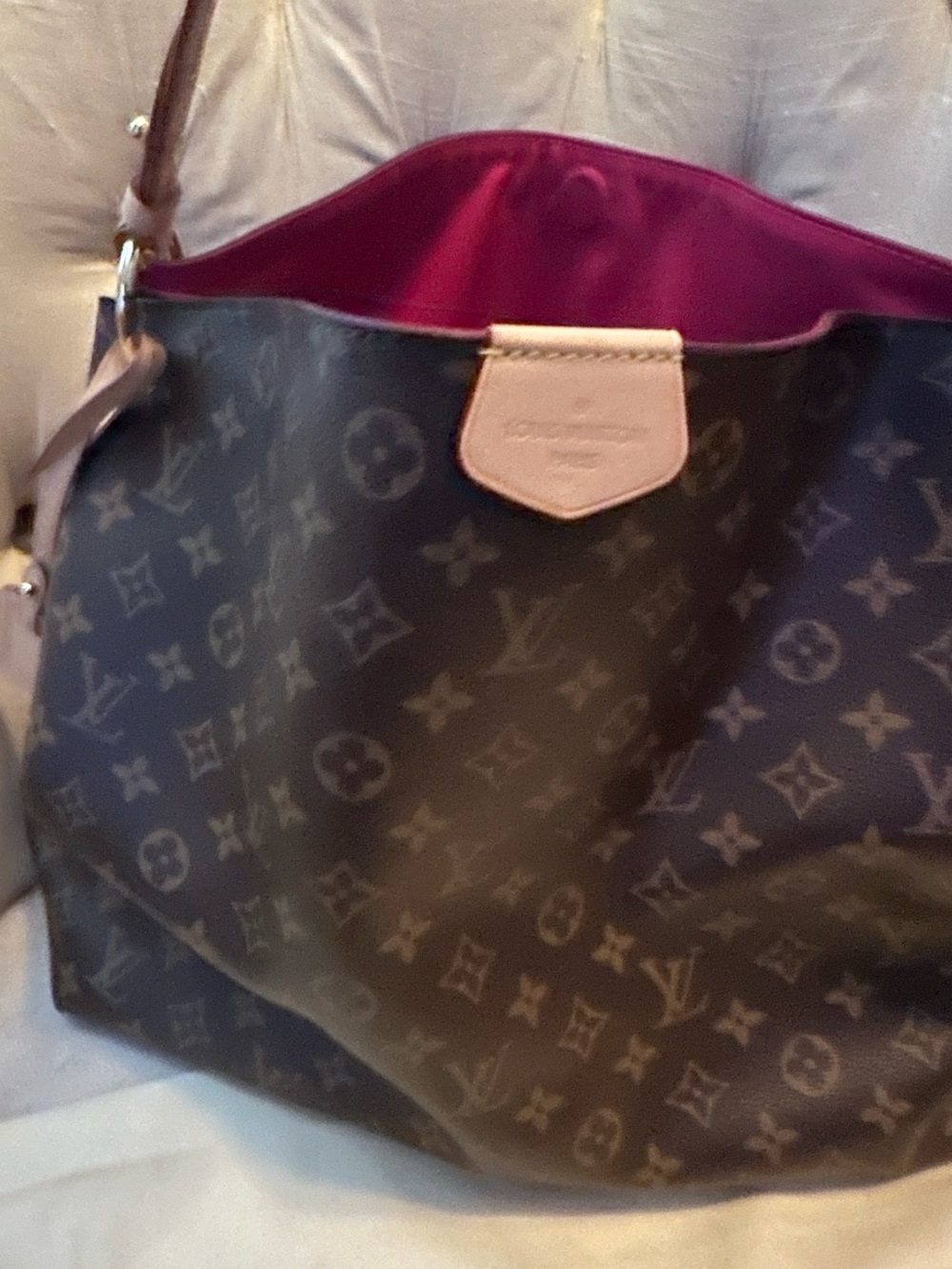 Louis Vuitton Monogram Tote with Fuchsia Interior and Natural Leather Trim.